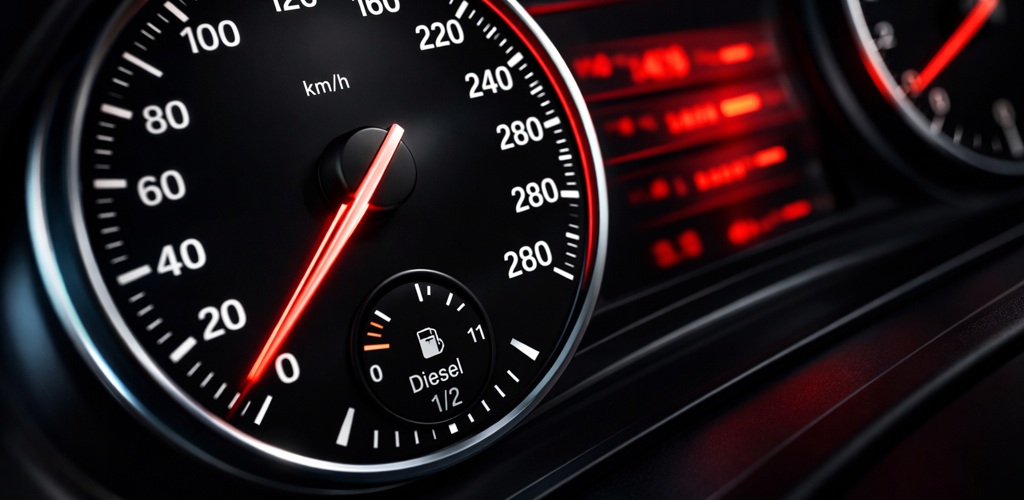 Detailní pohled na digitální tachometr vozidla při ověření najetých kilometrů a kontrole STK automobilu - STK GURU